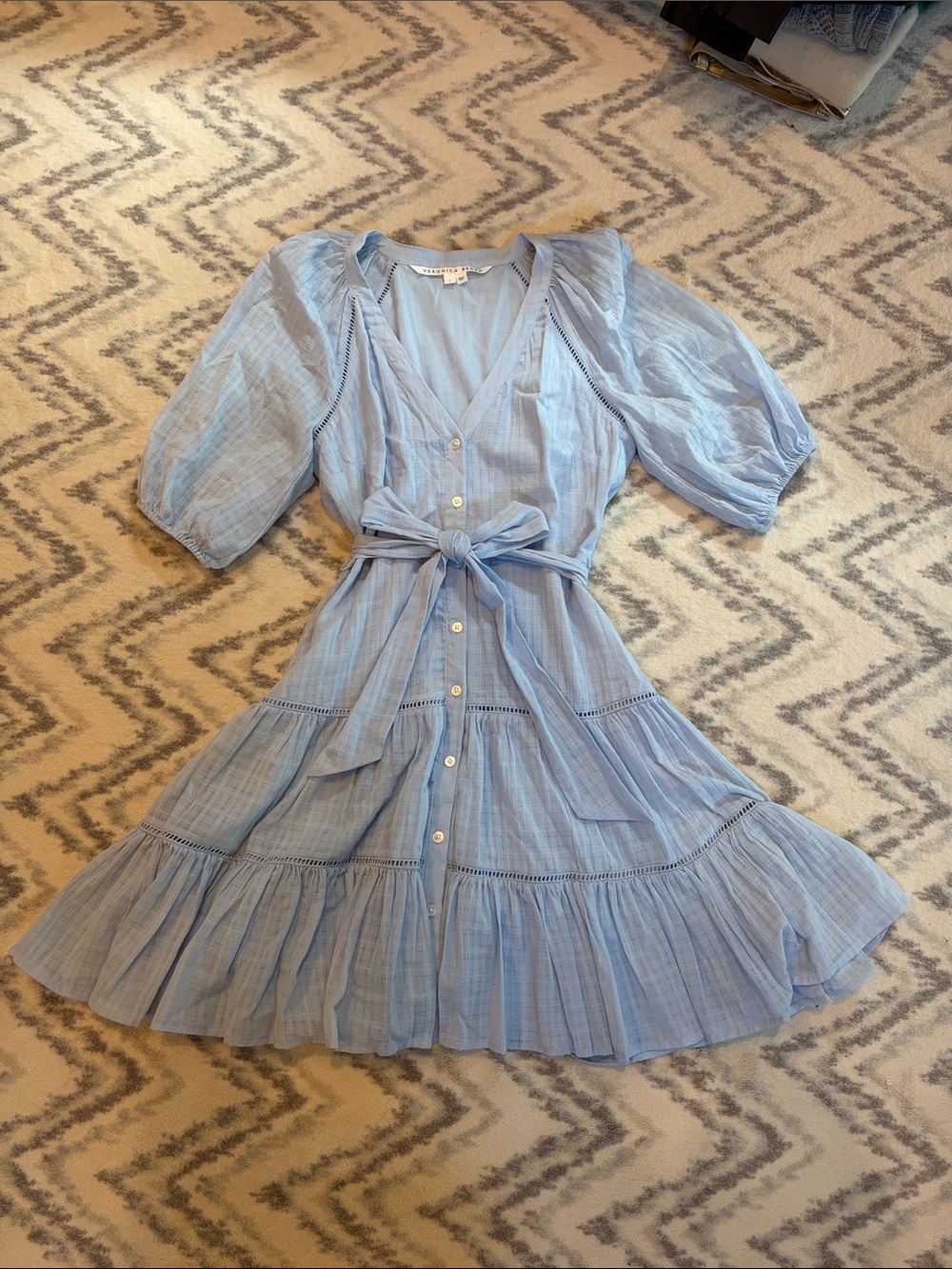 Veronica Beard Light Blue Button-Front Midi Dress with Waist Tie